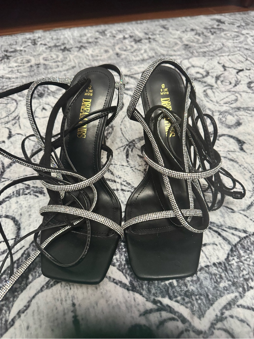Dream Pairs Black Rhinestone Lace-Up Square Toe Heels